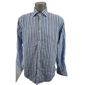 Thomas Dean Flip Cuff Button Down Dress Shirt Blue Striped Men's Size Medium